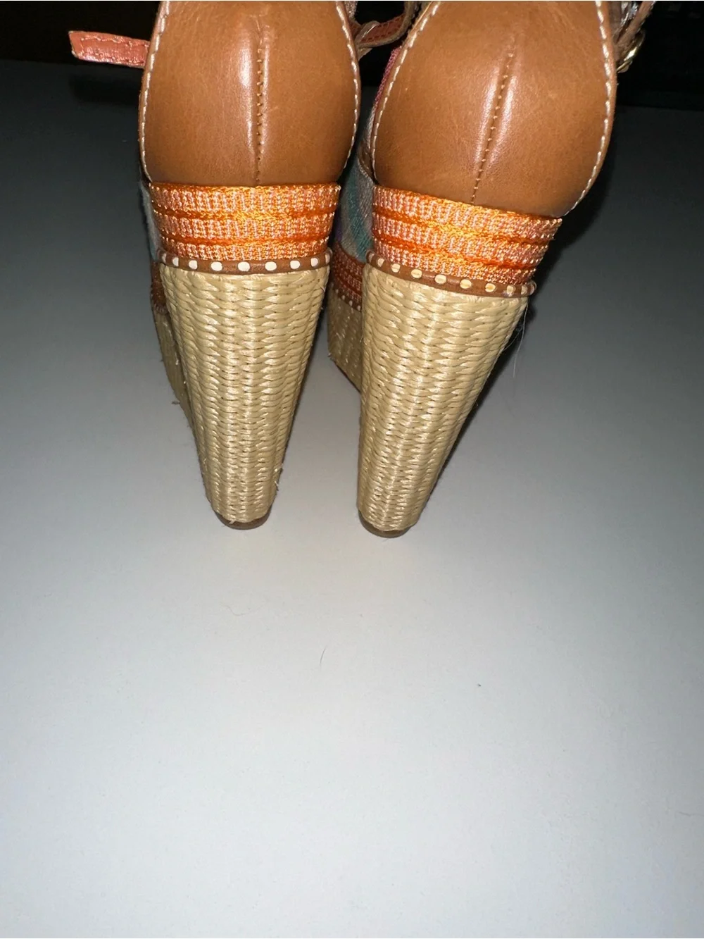 MISSONI 70s style 6” striped fabric leather raffia platform wedge boho sandals